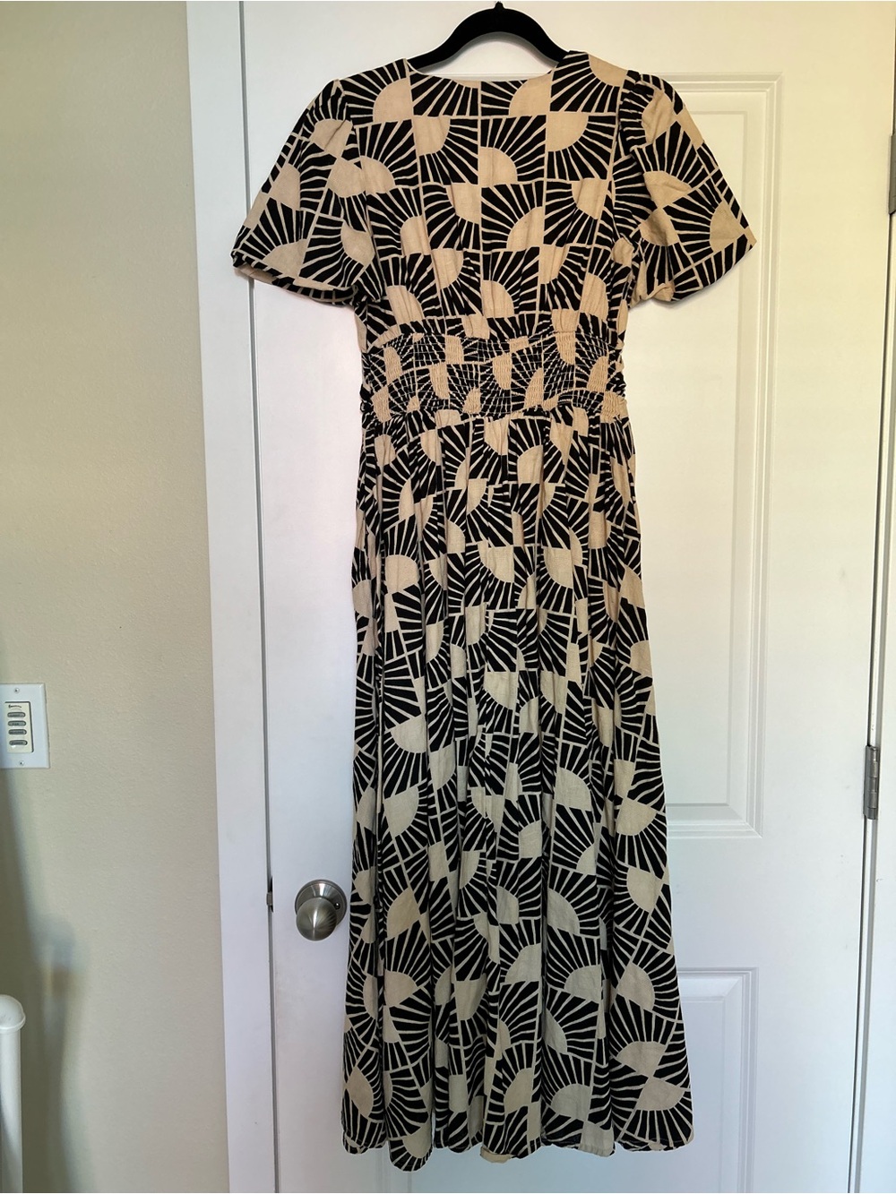 Anthropologie Black & Cream Geometric V-Neck Midi Dress - Picture 6 of 6